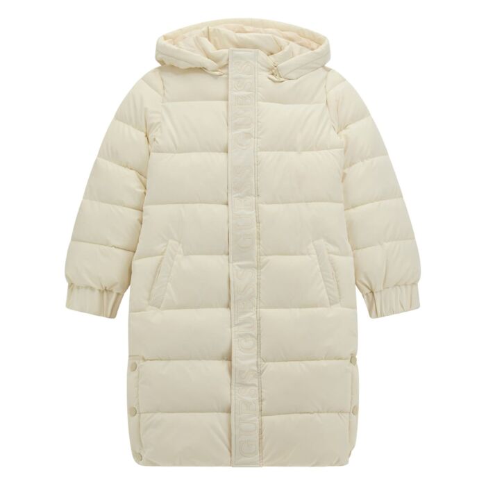 Dziecięcy Płaszcz pikowany zimowy GUESS HOODED PADDED LS JACKET W/ZIP J4BL03WGIW0-G012, kolor beżowy