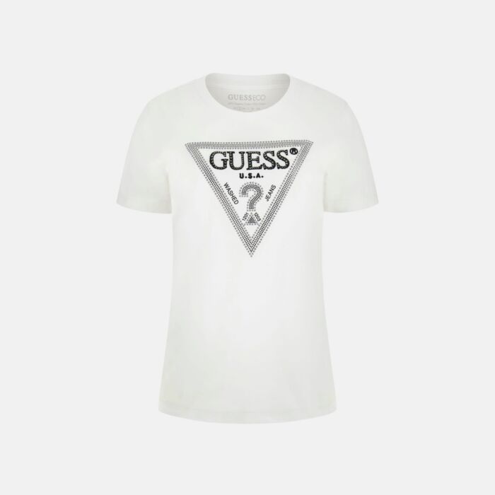 Damska Koszulka z krótkim rękawem GUESS SS CN KRYSTAL TRIANGLE TEE W5BI18I3Z14-G011, kolor biały